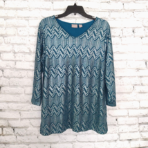 Chico&#39;s Top Womens 2 Large Blue Silver Chevron Striped 3/4 Sleeve Blouse Lined - £19.87 GBP
