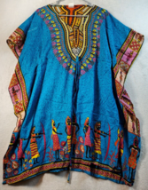 Poncho Tunic Indian Dress Womens Large Multi Geo Print Polyester Kaftan V Neck - £13.98 GBP