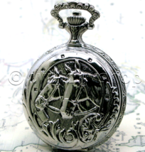 Pocket Watch Silver Color 47 MM for Men Horse design with Fob Chain Gift Box 158 - £16.04 GBP