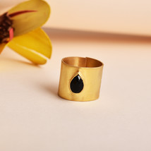 Unisex Black Onyx Pear 925 Sterling Silver Broad Band Ring - £71.14 GBP