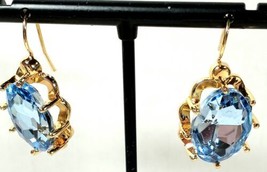 Vtg. Gold Color &amp; Large  Blue Topaz Color Quartz Crystal Pierced Earrings - $15.99