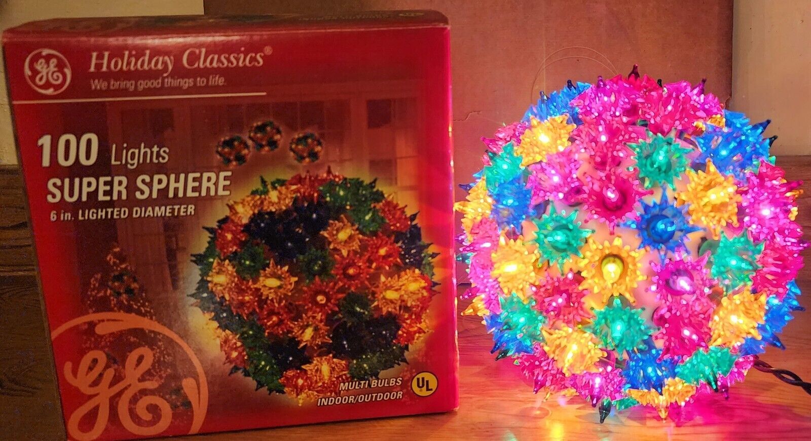 GE Holiday Classics 100 Lights Super Sphere 6" Multicolor Starburst Reflectors - £21.57 GBP
