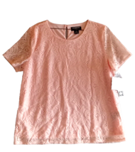 Liz Claiborne Womens Lace Top Blouse Peach Petite Large Short Sleeve Rou... - $14.96