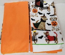Set Of 2 Different Microfiber Towels(14X24&quot;)Halloween Dogs W/Baskets &amp; Orange Dg - £19.47 GBP