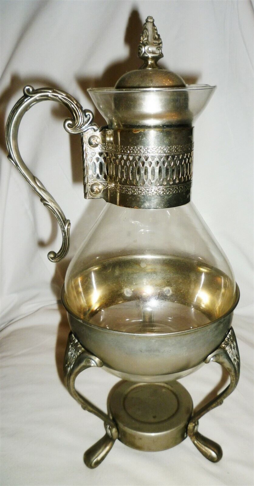 INTRICATE SILVERPLATE &amp; GLASS ICE TEA COFFEE CARAFE ON A WARMER STAND - $22.00