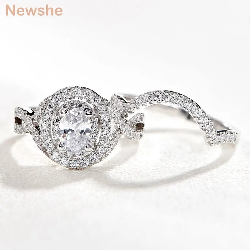 Halo Oval AAAAA Cubic Zircon Engagement Rings Set for Women Solid 925 St... - $71.77