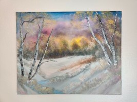 Autumn Snow Sunset Skies Landscape Original Oil Painting Stream Birch Trees - $88.99