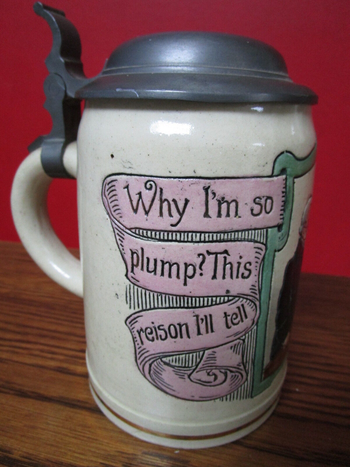 Antique Simon Peter Gerz 1900s stein, 0.5 L, mold # 1692 "Why I'm so plump?" - £112.88 GBP