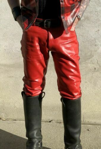 Men&#39;s Leather Pants Biker Bluf Breeches Trousers Punk Motorcycle Red Color - $119.99