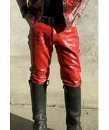 Men&#39;s Leather Pants Biker Bluf Breeches Trousers Punk Motorcycle Red Color - £102.21 GBP