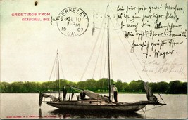 Sailboat On Water Greetings From Okauchee Wisconsin WI UDB Postcard Hand Colored - £10.20 GBP