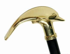 Antique Heavy Brass Dolphin Handle Sturdy Cane Wood Shaft Walking Stick Wooden  - £25.60 GBP