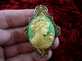 (cm43-37) LADY ROSE Pine Resin ivory + green CAMEO jewelry Pin pendant necklace - £26.14 GBP