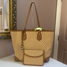 Michael Kors Eva Large Monogram Butternut Logo Tote Pouch Bag Canvas Leather B3E - $98.89