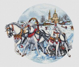 Winter horses cross stitch rustic pattern pdf - Russian troika cross sti... - $12.59