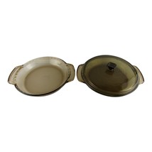 Set of 2 Anchor Hocking Amber Brown Deep Dish Pie Plate 1075 Glass 9” 1 Qt w Lid - £15.20 GBP