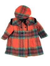 VTG F.W. Fischer Girls Red Plaid Wool Coat 3PC Beret Velvet Collar Holid... - $94.00