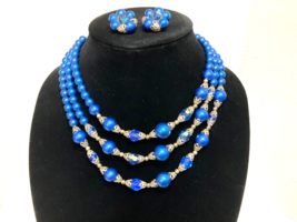 Vintage 3-Stand Chocker Style Necklace &amp; Matching Clip-On Earrings Set Blue Bead - £19.53 GBP