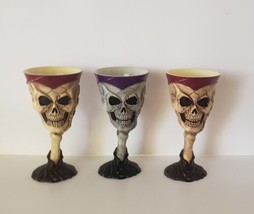 Set of 3 Vintage HALLOWEEN Hard Plastic SKULL Skeleton Goblet Wine Glasses - £13.23 GBP