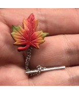 Vintage Colorful Maple Leaf Autumn Fall Leather Tie Tack Pin w/ Chain Ca... - £9.63 GBP