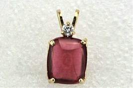 Synthetic Ruby and Diamond Pendant REAL SOLID 14k Yellow Gold 2.7 g - £387.51 GBP