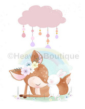 Watercolor Art Print Baby Deer White Rabbits Rainbow Moon Stars Nursery ... - $27.50