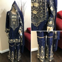 Pakistani Chiffon Sharara Siut Embroidery, Fancy Thread work and Sequins, Navy B - £117.01 GBP