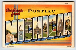 Greetings From Pontiac Michigan Large Big Letter Postcard Linen Curt Teich 1942 - £27.12 GBP