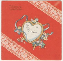 Vintage Valentine Card Heart Printed Lace to Teacher Red 1942 Carrington - $6.92