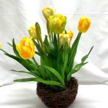 Floral Arrangement Artificial Flowers Yellow Tulips in a Birds Nest Planter - £22.78 GBP