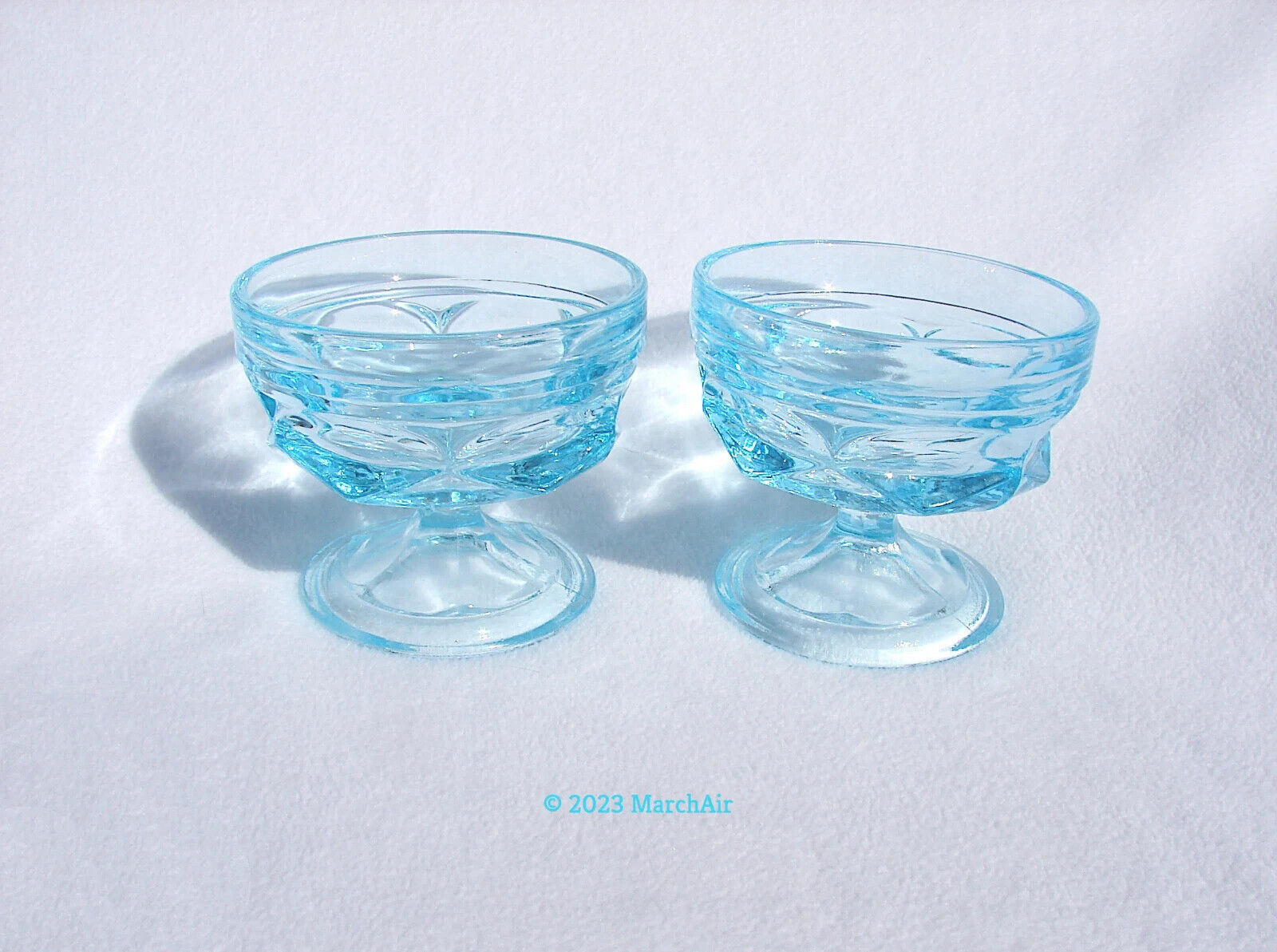 2 Anchor Hocking 6 1/2 ounce Sherbets Fairfield Pattern Sky Blue Color 1975 - $7.00