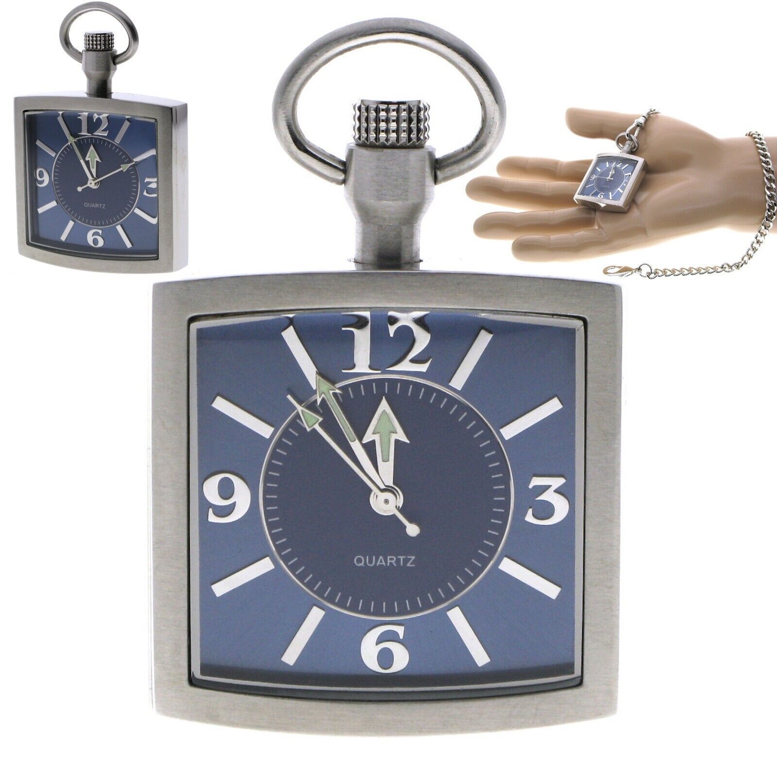 Pocket Watch SQUARE Solid Stainless Steel Case Curve Mineral Len Fob Chain P257