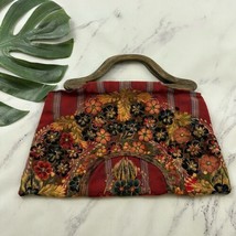 True Colors Vintage Embroidered Clutch Bag Red Black Floral Wood Handles - £29.18 GBP