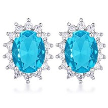 Precious Stars Silvertone Aqua Blue Cubic Zirconia Oval Royal Earring Studs - £15.13 GBP