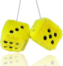 Fuzzy Plush Dice for Car Mirror, Pair of Retro 3” Yellow Dice with Black Dots fo - £10.49 GBP