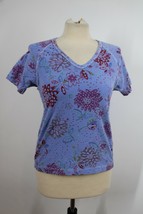 Fresh Produce M Purple Floral V-Neck Short Sleeve Stretch Shirt Top - $17.10