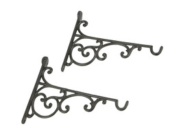 Set of 2 Rustic Brown Cast Iron Scroll Wall Shelf Brackets Plant Hangers - £23.67 GBP