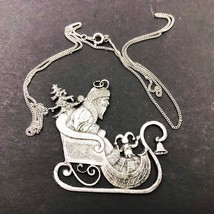 White Swan Santa Claus in Sleigh Christmas Ornament Necklace Pewter - £14.88 GBP