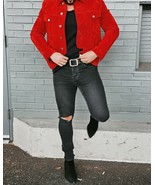 Chaqueta de piel de cordero roja de fiesta de diseñador hecha a mano de... - $193.95 CAD+