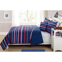 Decor Multicolor Light &amp; Dark Blue Red White Striped Design Fun Colorful Quilt B - £51.94 GBP