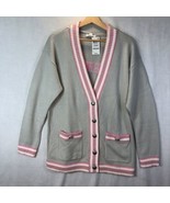 Charter Club Size L More Love Grey w Pink White Cardigan Sweater Cotton ... - £38.69 GBP