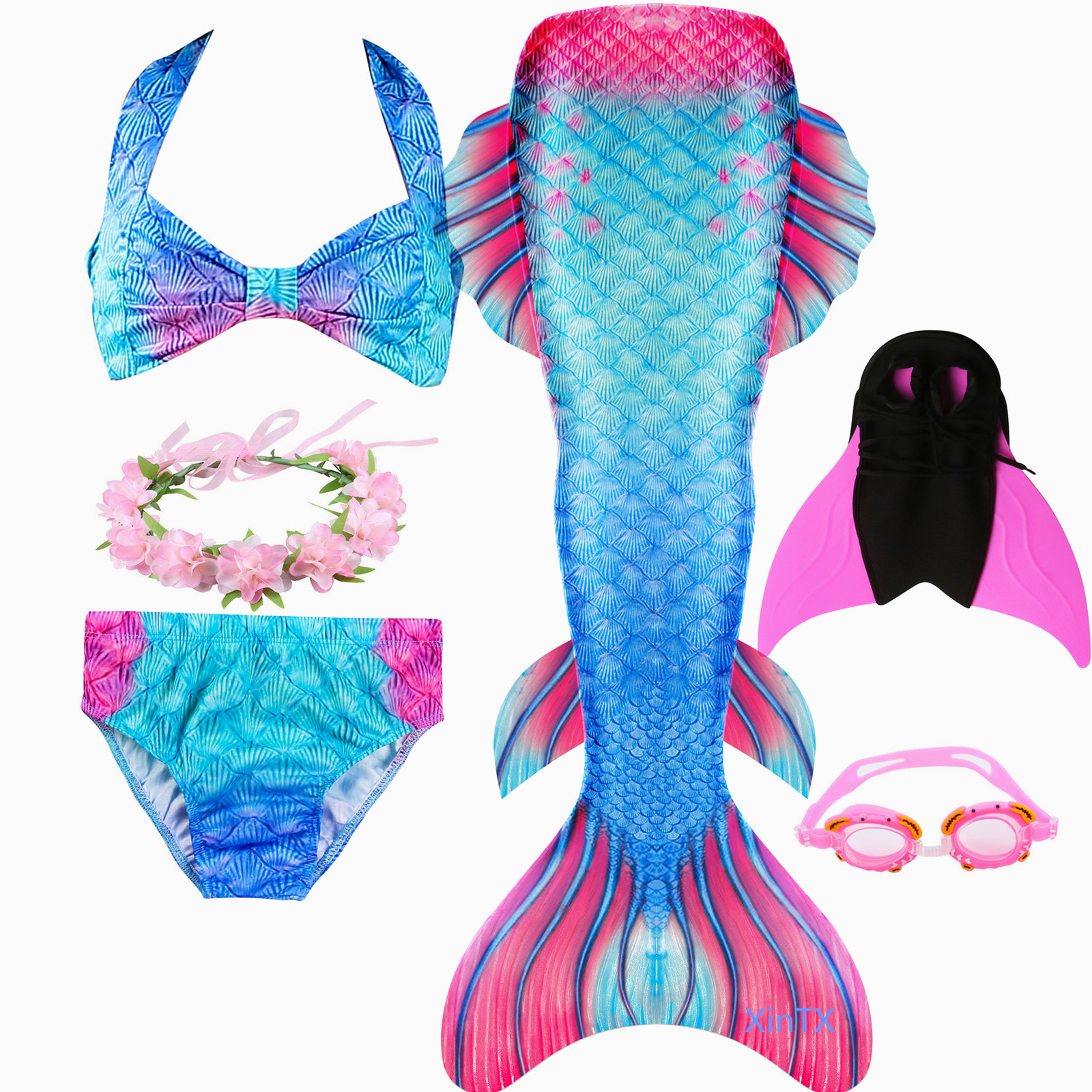 2019 HOT 6PCS/Set Girl Swimmable Mermaid Tail Swimsuit With Monofin Girl Costume