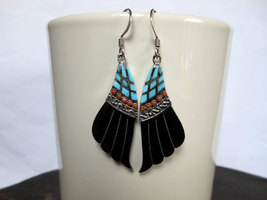Black Horn Wing Drop Earrings With Turquoise &amp; Coral 925 Sterling Silver For Her - £67.78 GBP