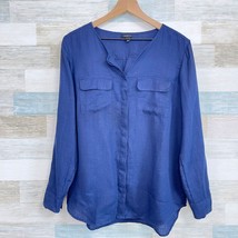 Talbots Linen Utility Button Up Shirt Navy Blue Tab Sleeve Casual Womens Medium - £27.14 GBP