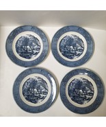 4 Royal China Currier &amp; Ives The Old Grist Mill Dinner Plates 10&quot; Blue W... - £17.09 GBP