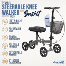 Dynarex Steerable Knee Walker, Padded Rest, &amp; Basket–Compact, 300lbs Cap - $209.00