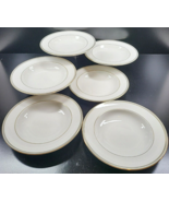 6 Royal Doulton Oxford Grey Rim Soup Bowl Set Vintage Gold Trim Dish Eng... - $148.37
