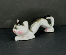 Vintage Porcelain Black And Grey Stretching Cat With Pink Cheeks Figurine - $12.95