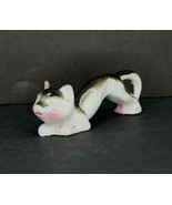 Vintage Porcelain Black And Grey Stretching Cat With Pink Cheeks Figurine - £10.18 GBP