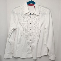 Womens White Long-Sleeve Button-Up Shirt With Ruffle Front &amp; Black Buttons - €8,25 EUR